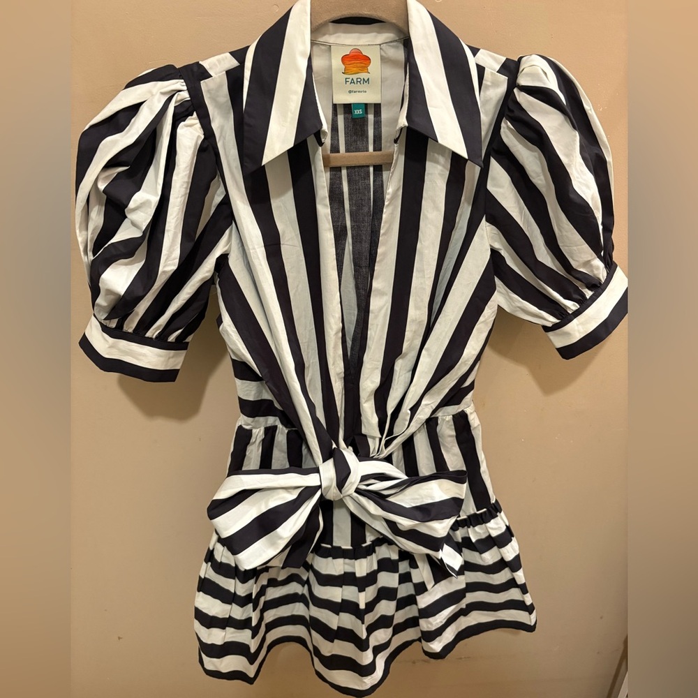 NWOT FARM Rio Mixed Stripes Black & White Short Sleeve Mini Dress Women’s XXS - Picture 6 of 16